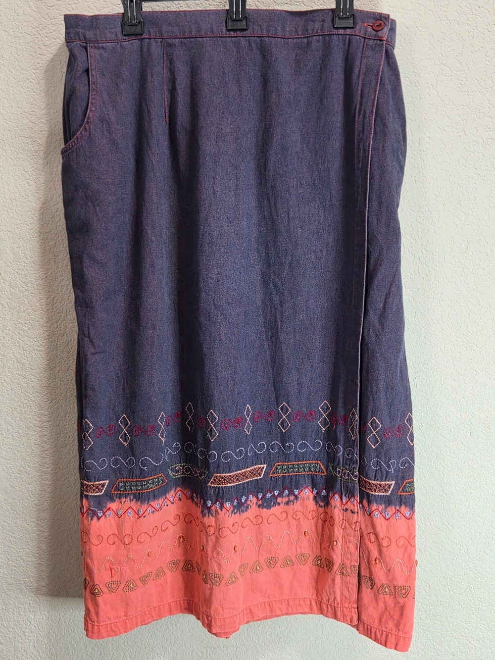 A-Line Midi Skirt in Navy with Coral Embroidered Hem